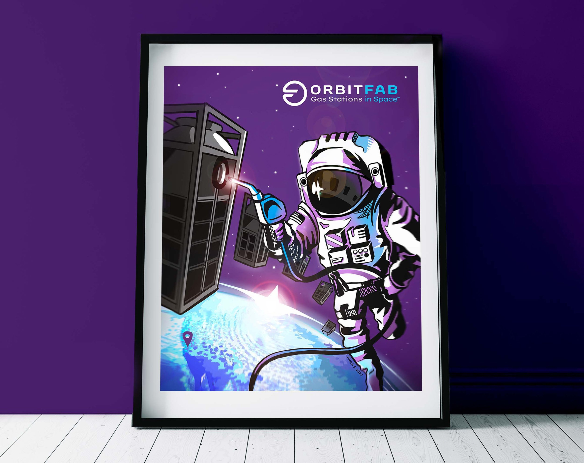 Astro Jockey artwork by Anna Shaposhnik for Orbit Fab is a digital illustration with purple and white and cyan colors that shows an astronaut refueling one tank in an array of tanks floating around Earth. The artwork is framed in a black frame with a white border, and is set on a white planked flooring in front of a purple background.