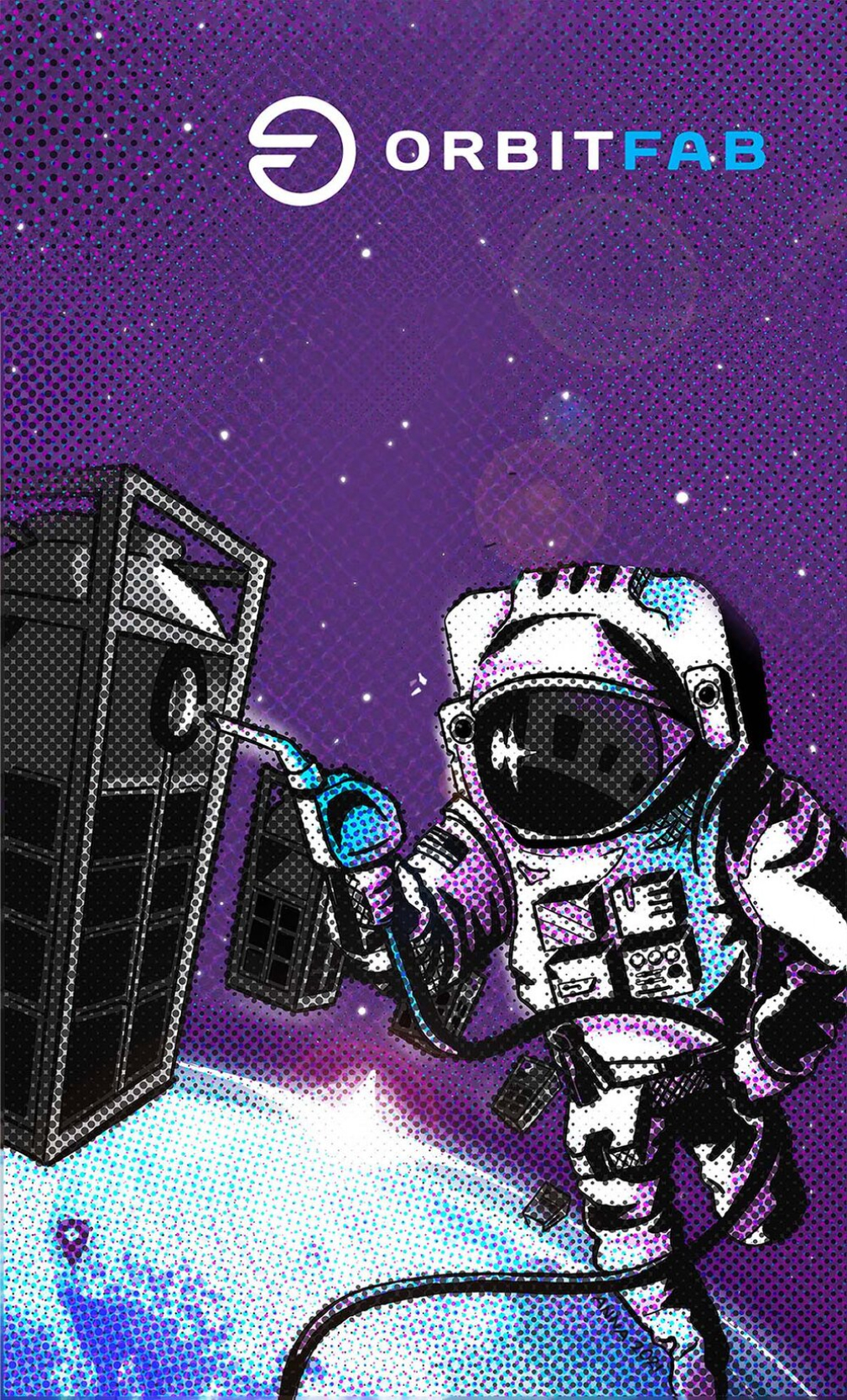 Astro Jockey artwork by Anna Shaposhnik for Orbit Fabis a digital illustration with purple and white and cyan colors that shows an astronaut refueling one tank in an array of tanks floating around Earth. It is adapted for poster and phone lockscreen formats.