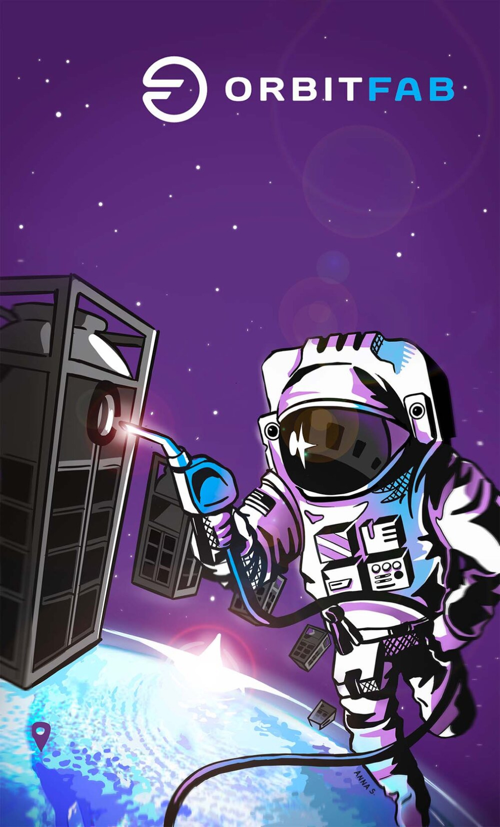 Astro Jockey artwork by Anna Shaposhnik for Orbit Fabis a digital illustration with purple and white and cyan colors that shows an astronaut refueling one tank in an array of tanks floating around Earth. It is adapted for poster and phone lockscreen formats.