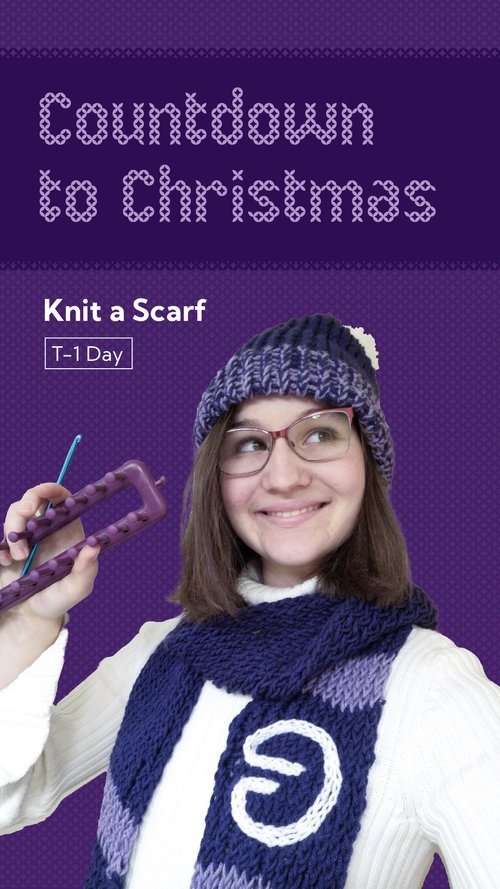 Countdown to Chirstmas instagram story. Anna with knit Orbit Fab logo hat and scarf
