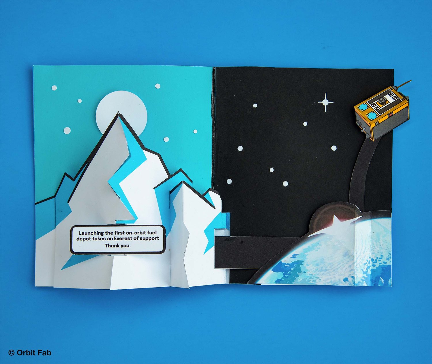 Photo of Paper card that pops up to reveal Mt Everest and Tenzing satellite from Orbit Fab