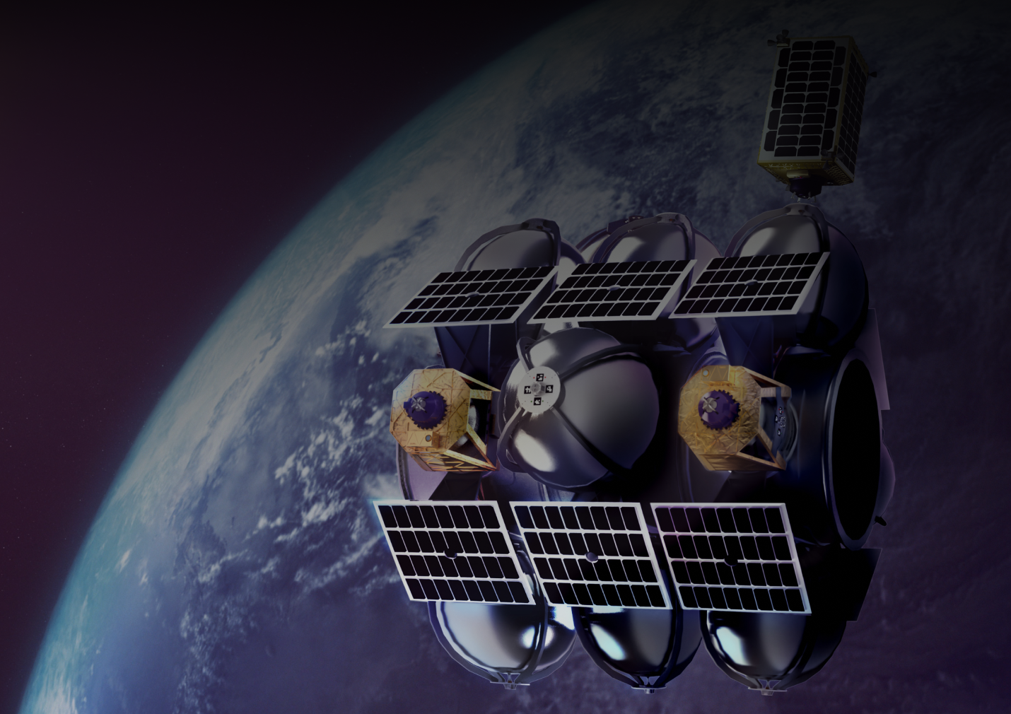 Orbit Fab depot which consists of several tanks attached in one configuration and many solar panels. Earth is in the background.