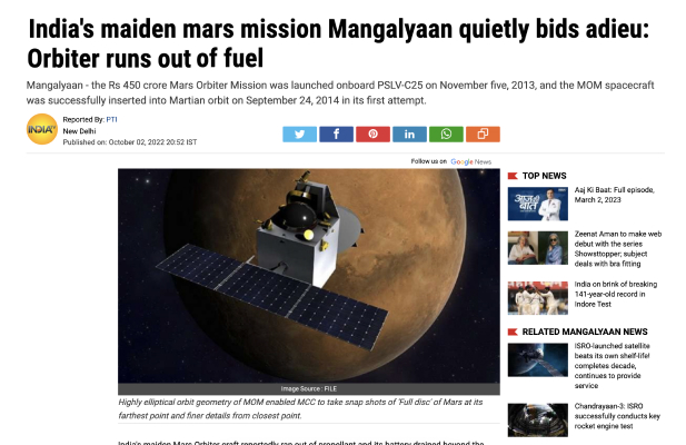 News headline reading India's maiden Mars mission Mangalyaan quietly bids adieu: Orbiter runs out of fuel