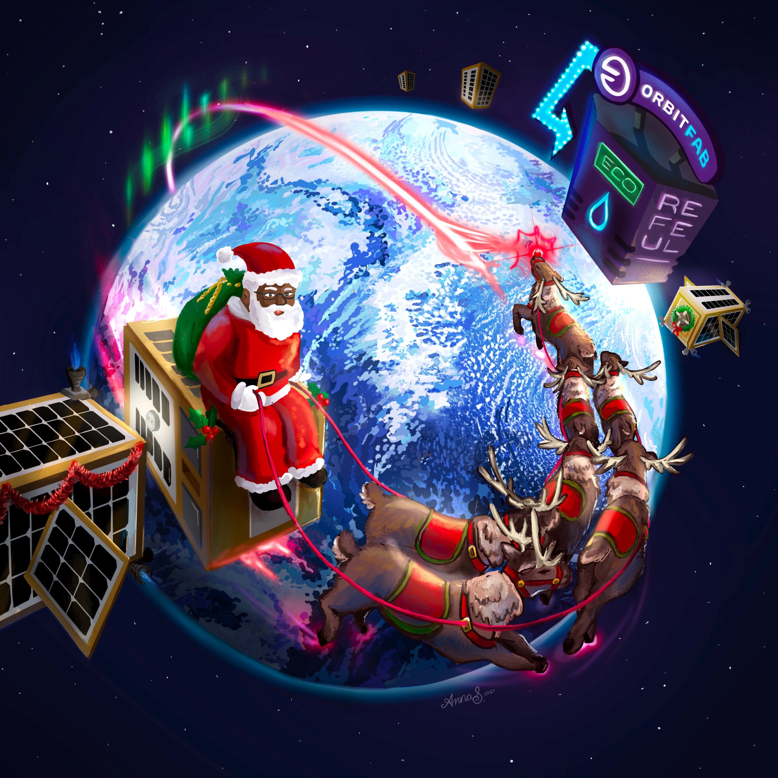 Space Santa Illustration. Santa rides a satellite being pulled by reindeer around the Earth. An Orbit Fab gas station is visible in the distance. Dark skin tone version