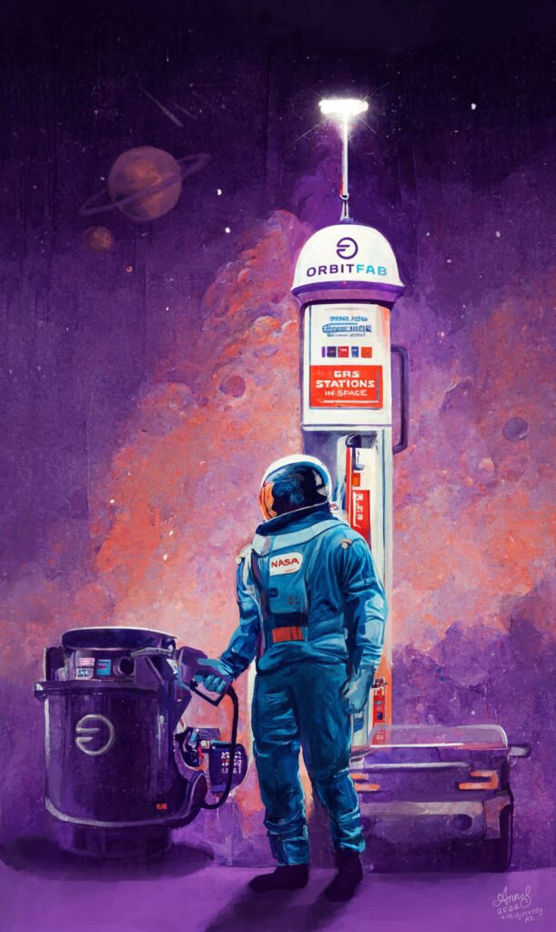 AI generated art finished by a human. Has a retro poster style and shows an astronaut refueling at a Orbit Fab branded gas station. Purple and pink and cyan textured colors