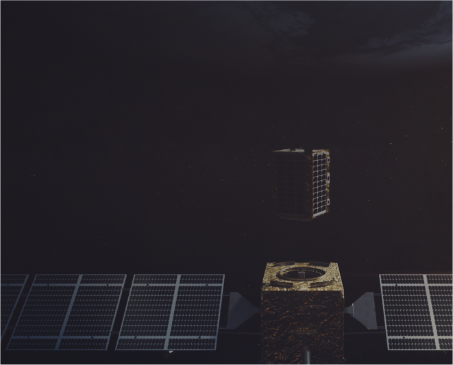 Orbit Fab fuel shuttle docking to a spacecraft that consists of a gold foil covered cube with long solar arrays outstretched on either side. Earth in background.