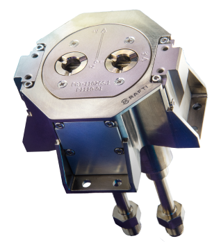 Orbit Fab's RAFTI refueling interface which looks like a metal octagon with two holes in the middle and two metal pipes extending out of the back