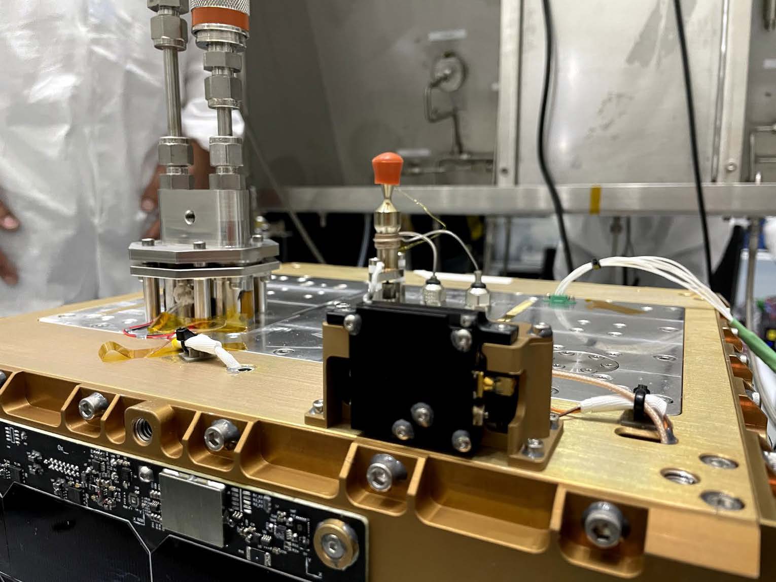 Orbit Fab's RAFTI refueling interface on Tenzing connected to ground fueling tubing