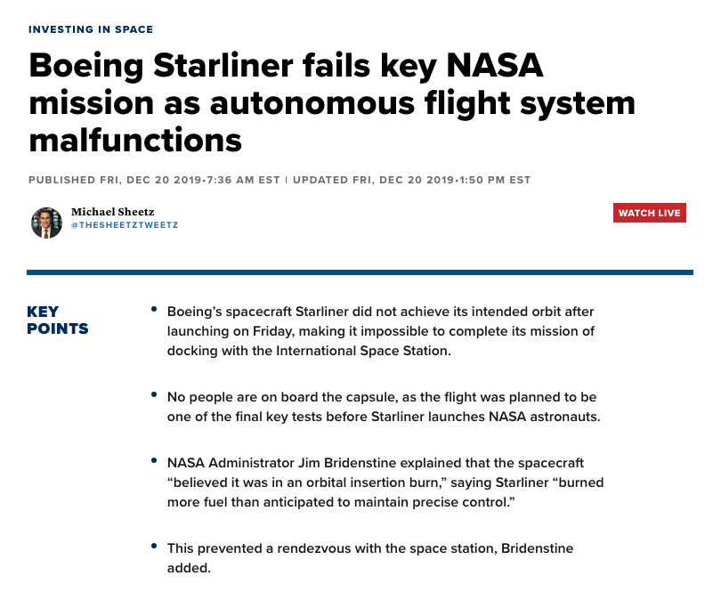 News headline reading Boeing Starliner fails key NASA mission as autonomous flight system malfunctions