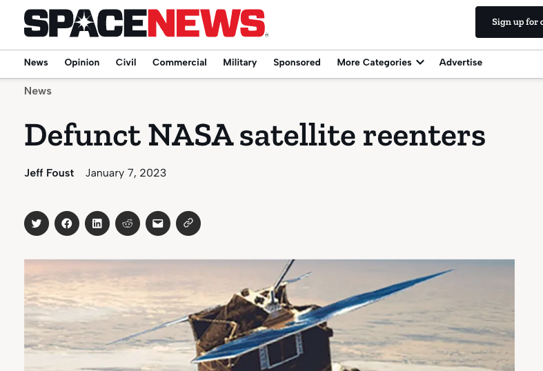 News headline reading defunct NASA satellite reenters