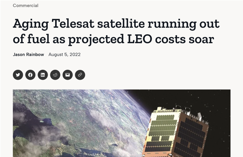 News headline that reads aging Telesat satellite running out of fuel as projected LEO costs soar