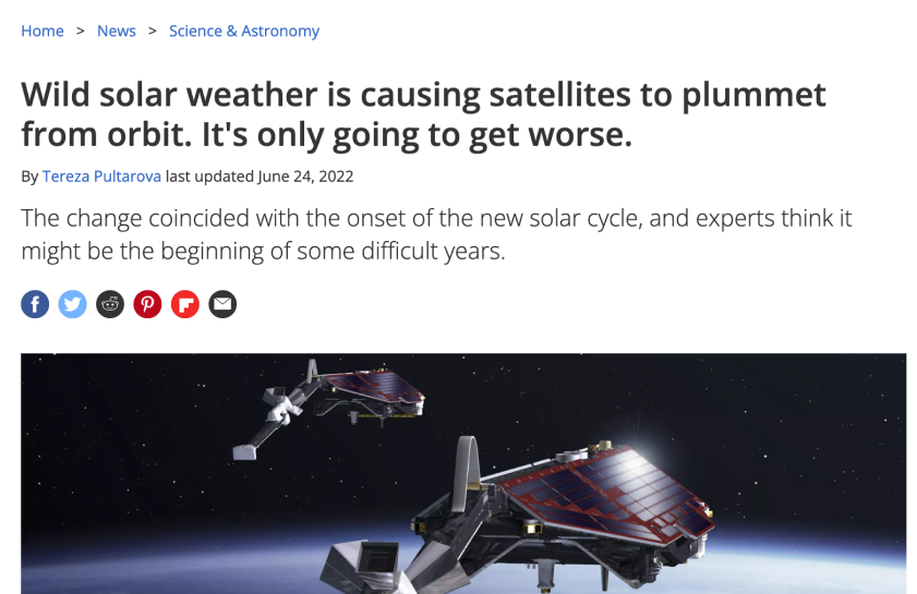 News headline reading wild solar weather is causing satellites to plummet from orbit. It's only going to get worse.