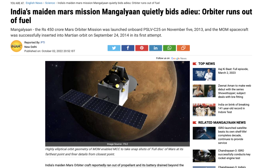 News headline reading India's maiden Mars mission Mangalyaan quietly bids adieu: Orbiter runs out of fuel
