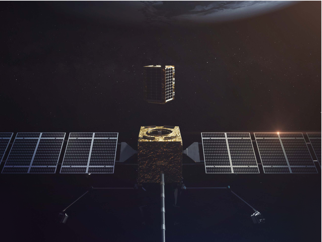 Orbit Fab's fuel shuttle docking with Astroscale's LEXI spacecraft in space
