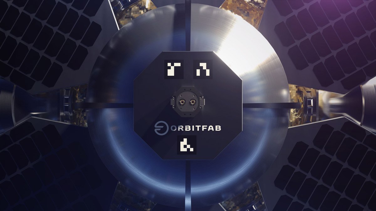 Close up of Orbit Fab's RAFTI refueling interface and fiducials on a spacecraft with Orbit Fab logo