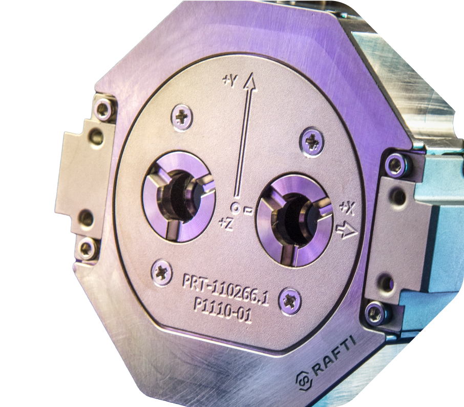 Close up of RAFTI refueling interface which looks like a metal octagon with two holes in the middle.