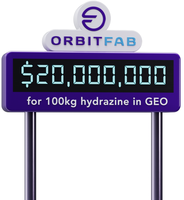 Purple sign with two legs extending downward and Orbit Fab logo on top showing $20,000,000 for 100kg hydrazine in LEO