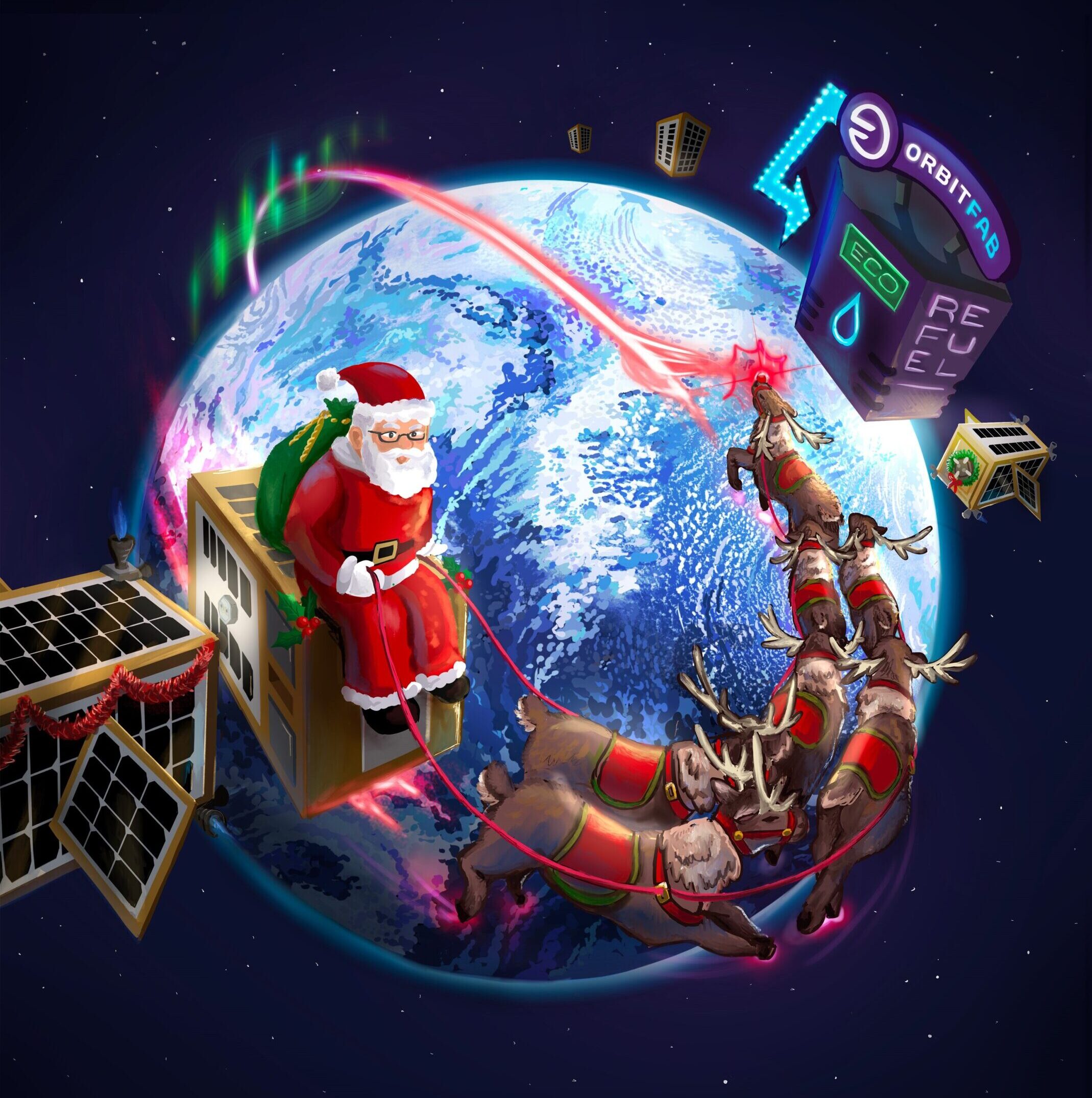 Space Santa Illustration. Santa rides a satellite being pulled by reindeer around the Earth. An Orbit Fab gas station is visible in the distance. Light skin tone version